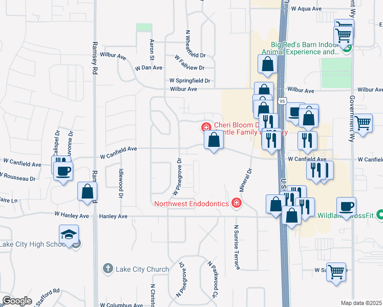 map of restaurants, bars, coffee shops, grocery stores, and more near 1070 West Rustic Lodge Drive in Coeur d'Alene