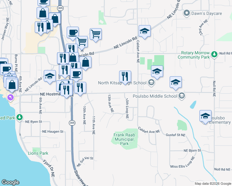 map of restaurants, bars, coffee shops, grocery stores, and more near 1387 Northeast Hostmark Street in Poulsbo