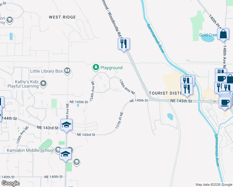 map of restaurants, bars, coffee shops, grocery stores, and more near 13619 Northeast 146th Lane in Woodinville