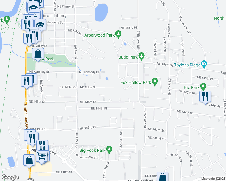 map of restaurants, bars, coffee shops, grocery stores, and more near 27137 Northeast Miller Street in Duvall