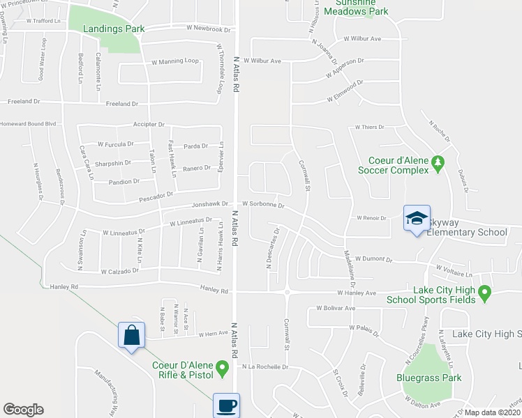 map of restaurants, bars, coffee shops, grocery stores, and more near 3094 West Sorbonne Drive in Coeur d'Alene