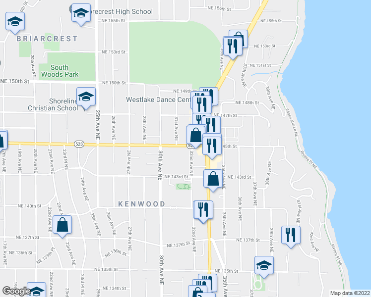 map of restaurants, bars, coffee shops, grocery stores, and more near 3101 NE 145th St in Seattle