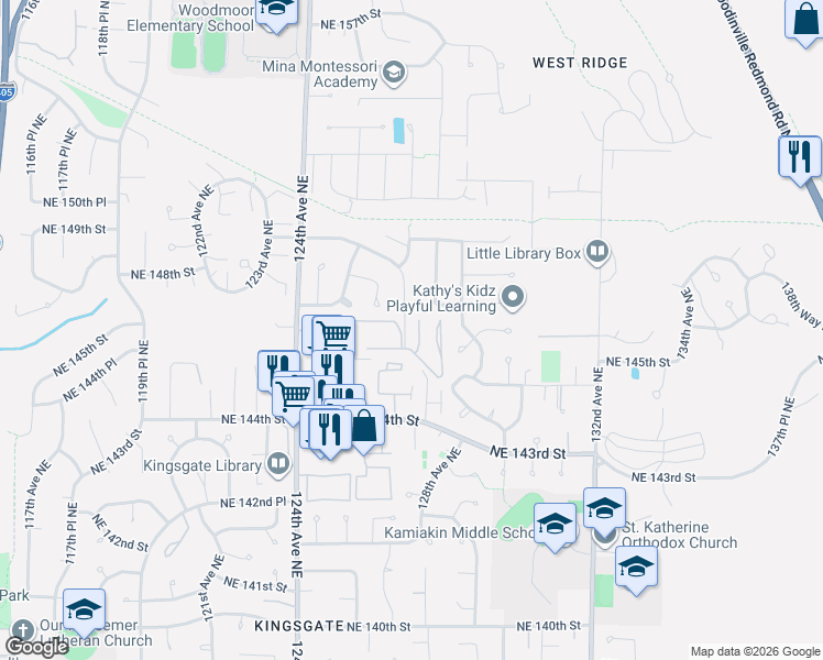 map of restaurants, bars, coffee shops, grocery stores, and more near 14441 127th Lane Northeast in Kirkland