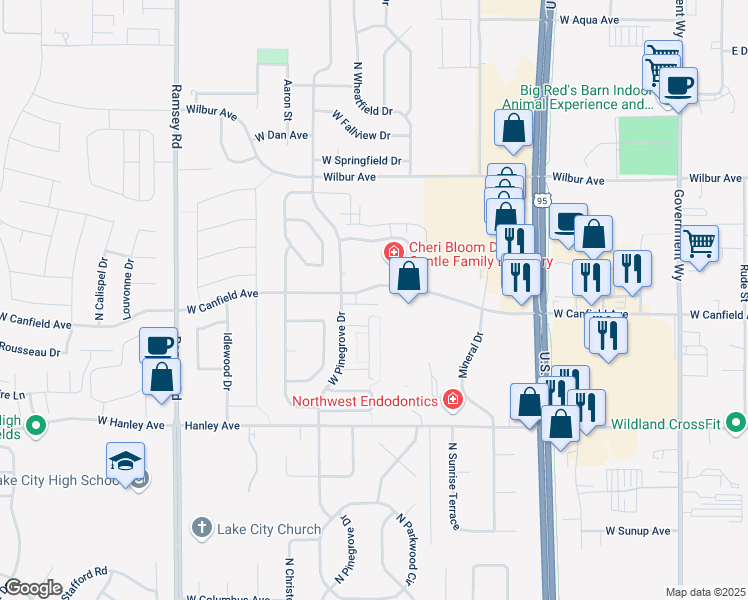 map of restaurants, bars, coffee shops, grocery stores, and more near 1065 West Rustic Lodge Drive in Coeur d'Alene