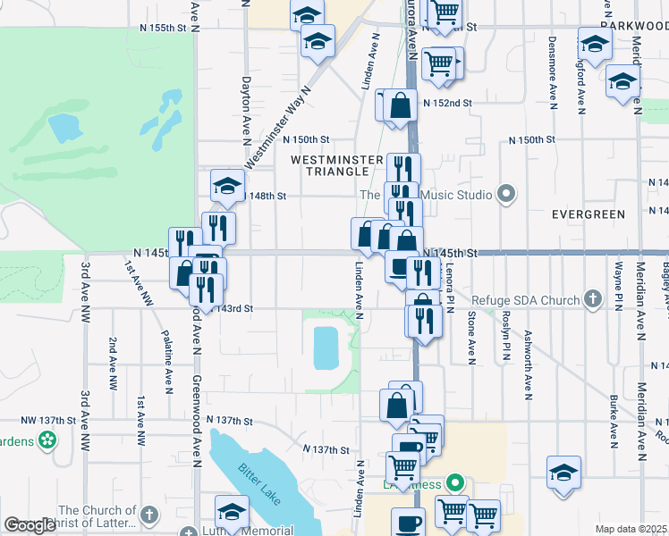 map of restaurants, bars, coffee shops, grocery stores, and more near 14355 Linden Avenue North in Seattle