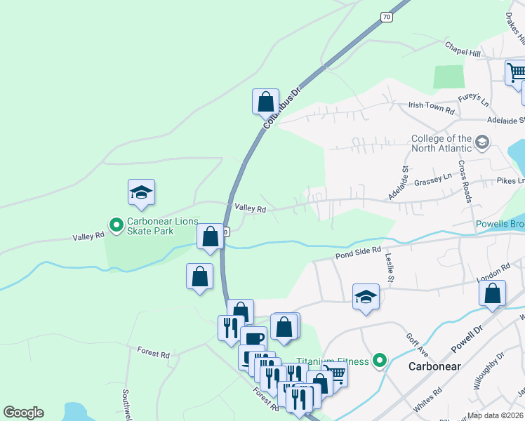map of restaurants, bars, coffee shops, grocery stores, and more near 88 Valley Road in Carbonear