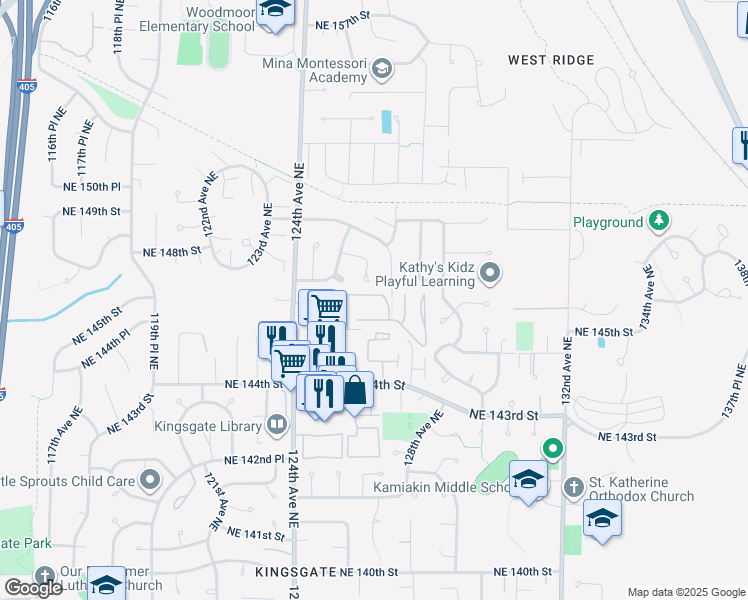 map of restaurants, bars, coffee shops, grocery stores, and more near 12611 Northeast 145th Place in Kirkland