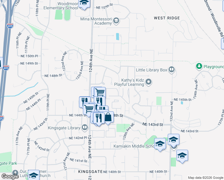 map of restaurants, bars, coffee shops, grocery stores, and more near 12611 Northeast 145th Place in Kirkland