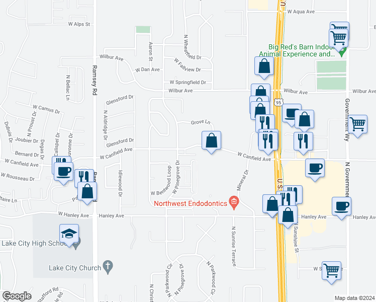 map of restaurants, bars, coffee shops, grocery stores, and more near 6850 North Spurwing Loop in Coeur d'Alene