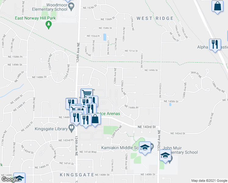 map of restaurants, bars, coffee shops, grocery stores, and more near 14441 127th Lane Northeast in Kirkland