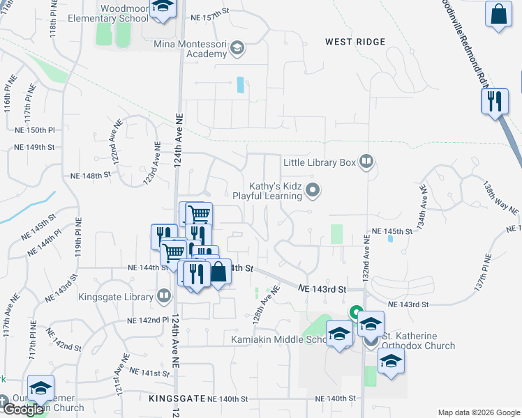 map of restaurants, bars, coffee shops, grocery stores, and more near 14441 127th Lane Northeast in Kirkland
