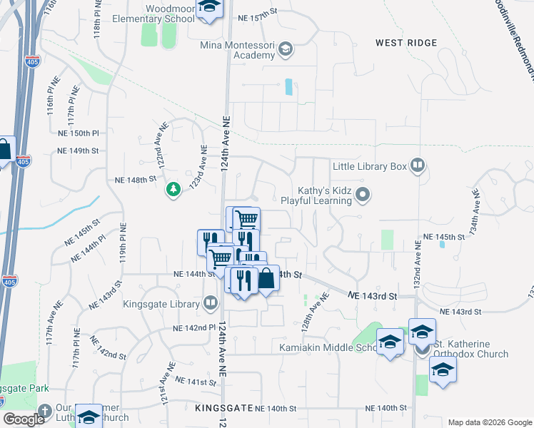 map of restaurants, bars, coffee shops, grocery stores, and more near 12520 Northeast 145th Street in Kirkland