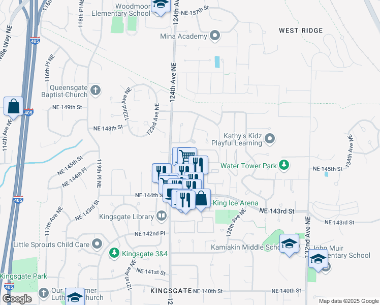 map of restaurants, bars, coffee shops, grocery stores, and more near 12520 Northeast 145th Street in Kirkland