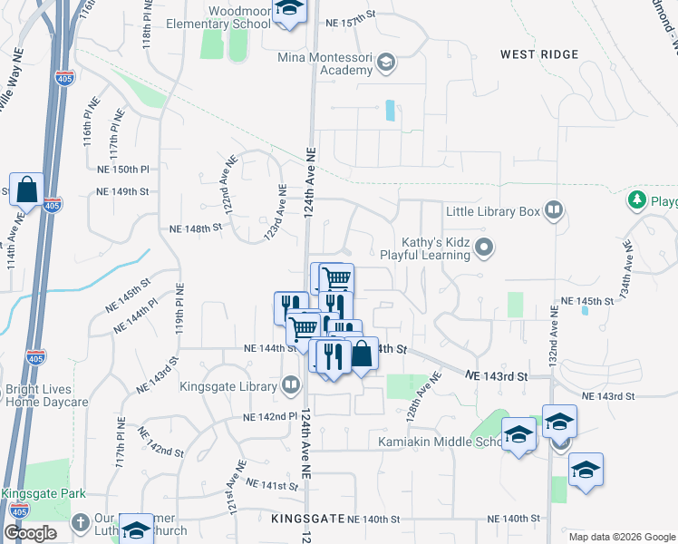 map of restaurants, bars, coffee shops, grocery stores, and more near 12520 Northeast 145th Street in Kirkland
