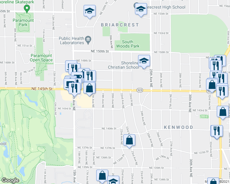 map of restaurants, bars, coffee shops, grocery stores, and more near 14334 20th Avenue Northeast in Seattle