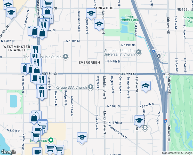 map of restaurants, bars, coffee shops, grocery stores, and more near 14322 Burke Avenue North in Seattle