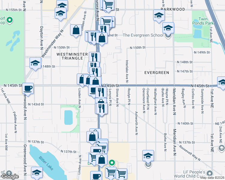 map of restaurants, bars, coffee shops, grocery stores, and more near 14320 Roosevelt Way North in Seattle