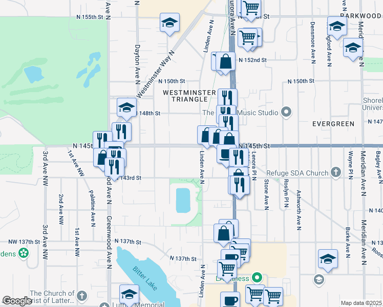 map of restaurants, bars, coffee shops, grocery stores, and more near 722 North 143rd Street in Seattle