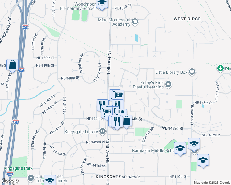 map of restaurants, bars, coffee shops, grocery stores, and more near 12423 Northeast 145th Place in Kirkland
