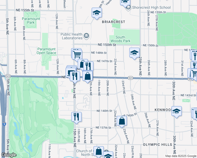 map of restaurants, bars, coffee shops, grocery stores, and more near 14359 19th Avenue Northeast in Seattle