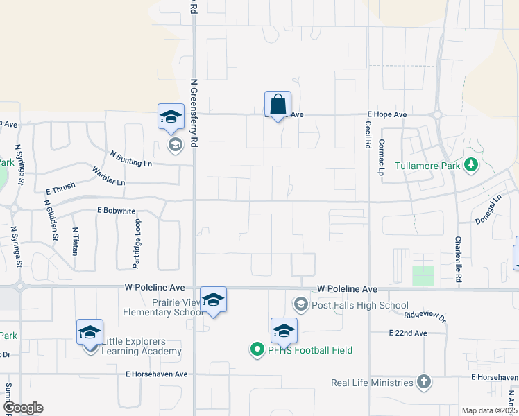map of restaurants, bars, coffee shops, grocery stores, and more near 2839 East Wheelbarrow Road in Post Falls