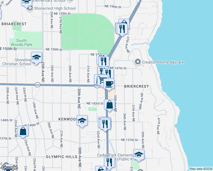 map of restaurants, bars, coffee shops, grocery stores, and more near Bothell Way NE & NE 145th St in Seattle
