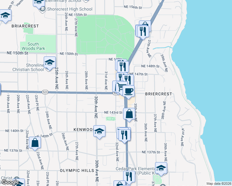 map of restaurants, bars, coffee shops, grocery stores, and more near Northeast 145th Street & 32nd Avenue Northeast in Seattle