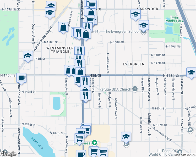 map of restaurants, bars, coffee shops, grocery stores, and more near 14351 Stone Avenue North in Seattle