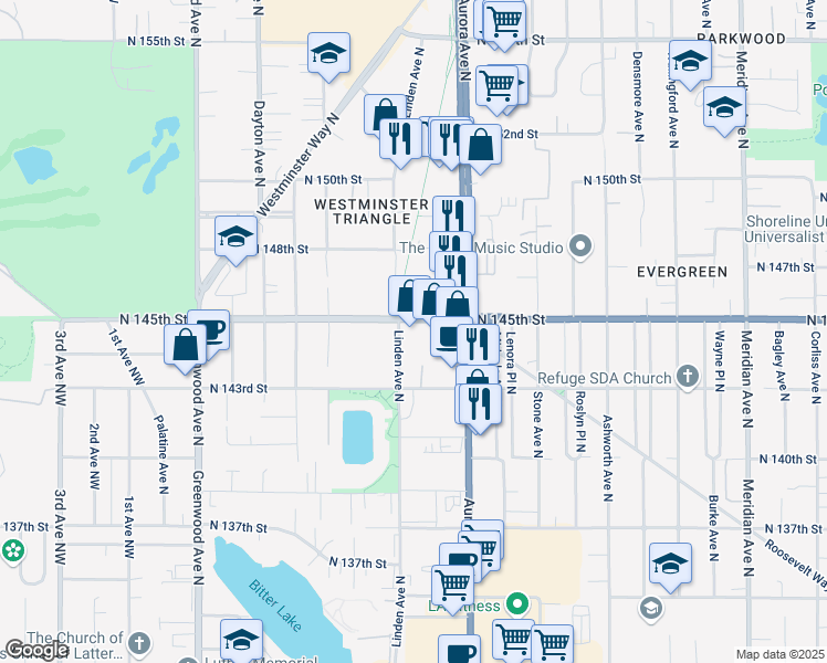 map of restaurants, bars, coffee shops, grocery stores, and more near 805 North 145th Lane in Shoreline
