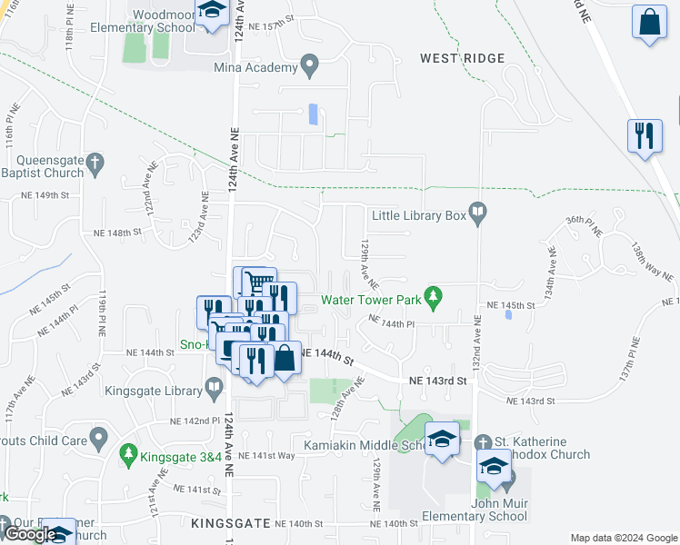 map of restaurants, bars, coffee shops, grocery stores, and more near 14521 127th Lane Northeast in Kirkland