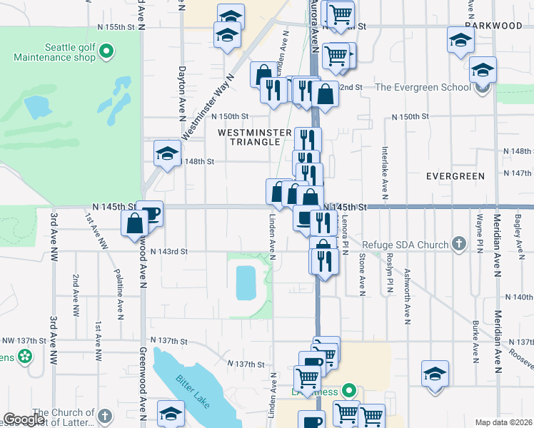 map of restaurants, bars, coffee shops, grocery stores, and more near 14355 Linden Avenue North in Seattle