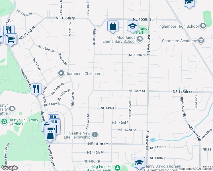 map of restaurants, bars, coffee shops, grocery stores, and more near 7843 Northeast 146th Street in Kenmore