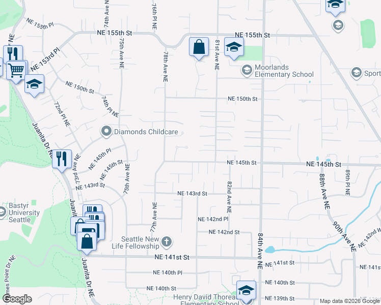 map of restaurants, bars, coffee shops, grocery stores, and more near 7848 Northeast 146th Street in Kenmore