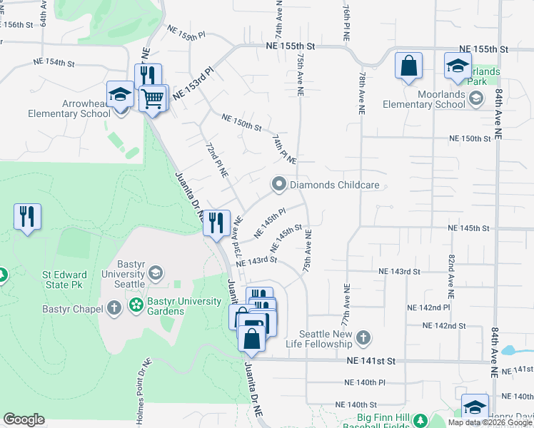 map of restaurants, bars, coffee shops, grocery stores, and more near 7451 Northeast 146th Street in Kenmore