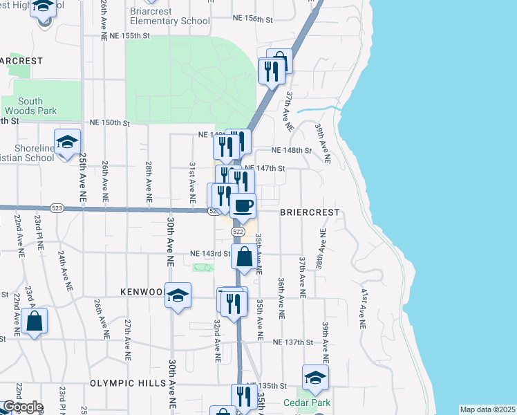 map of restaurants, bars, coffee shops, grocery stores, and more near 14617 36th Court Northeast in Lake Forest Park