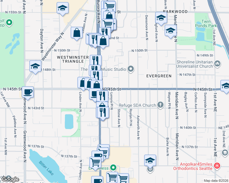 map of restaurants, bars, coffee shops, grocery stores, and more near 14507 Stone Avenue North in Shoreline