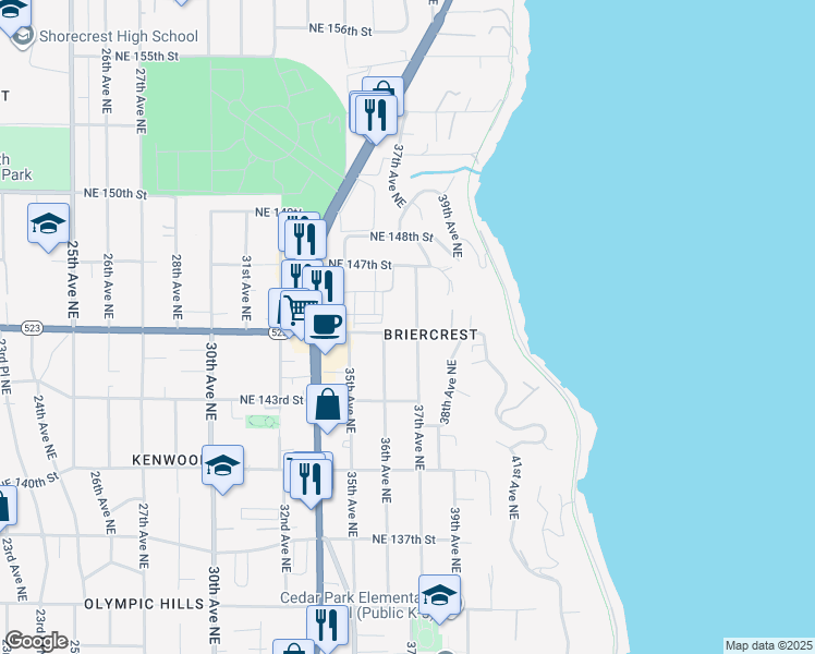 map of restaurants, bars, coffee shops, grocery stores, and more near 14525 37th Avenue Northeast in Lake Forest Park