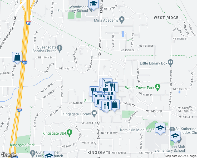map of restaurants, bars, coffee shops, grocery stores, and more near 14518 124th Avenue Northeast in Kirkland
