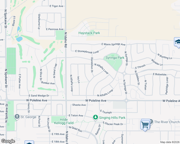 map of restaurants, bars, coffee shops, grocery stores, and more near 2848 North Dandelion Street in Post Falls