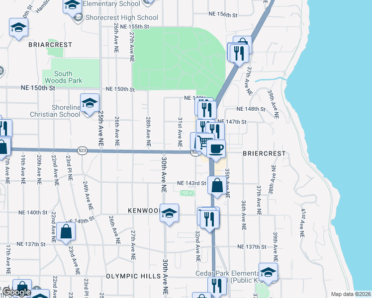 map of restaurants, bars, coffee shops, grocery stores, and more near 3108 Northeast 145th Street in Shoreline