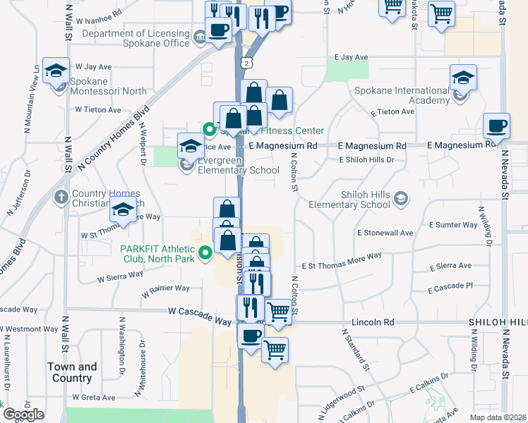 map of restaurants, bars, coffee shops, grocery stores, and more near 8330 North Division Street in Spokane