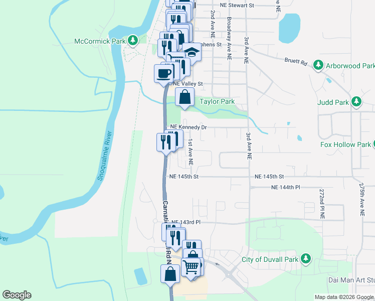 map of restaurants, bars, coffee shops, grocery stores, and more near 17421 1st Lane Northeast in Duvall