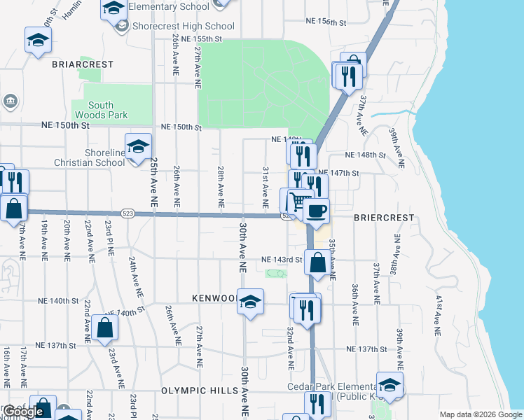 map of restaurants, bars, coffee shops, grocery stores, and more near 14522 31st Avenue Northeast in Shoreline