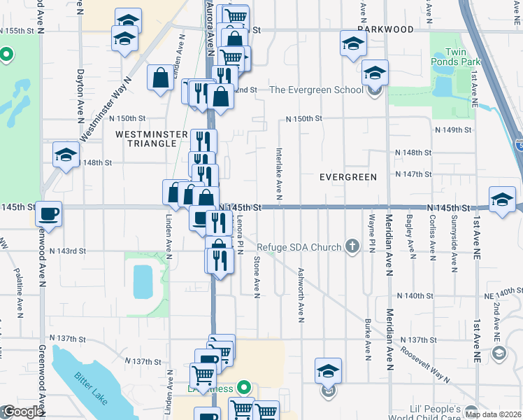 map of restaurants, bars, coffee shops, grocery stores, and more near 14517 Interlake Avenue North in Shoreline