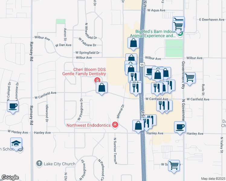 map of restaurants, bars, coffee shops, grocery stores, and more near 693 West Canfield Avenue in Coeur d'Alene