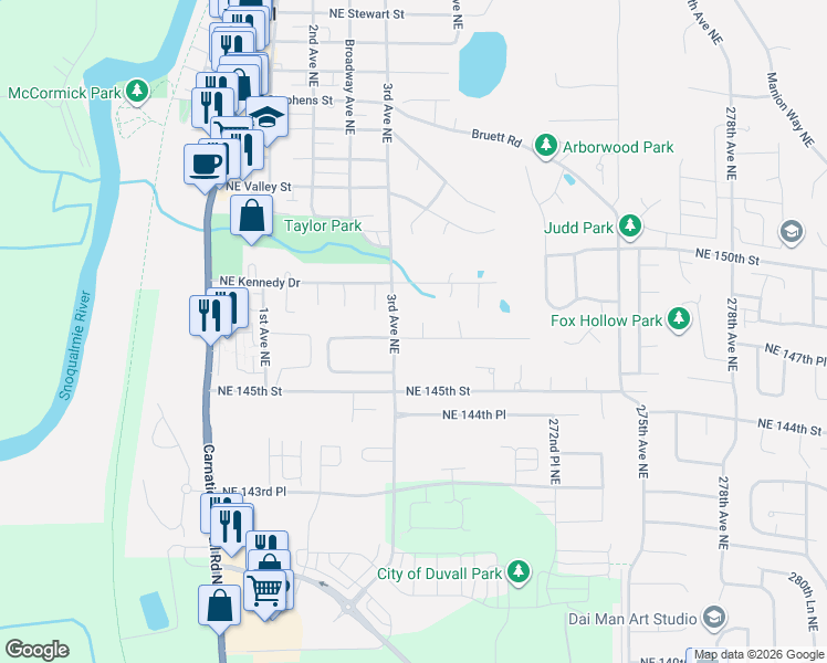 map of restaurants, bars, coffee shops, grocery stores, and more near 26818 Northeast Miller Street in Duvall