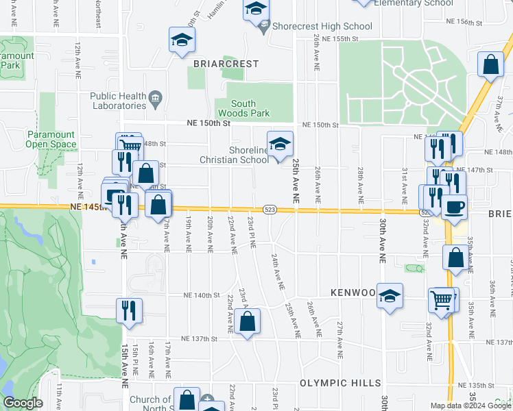 map of restaurants, bars, coffee shops, grocery stores, and more near 2306 Northeast 145th Street in Shoreline