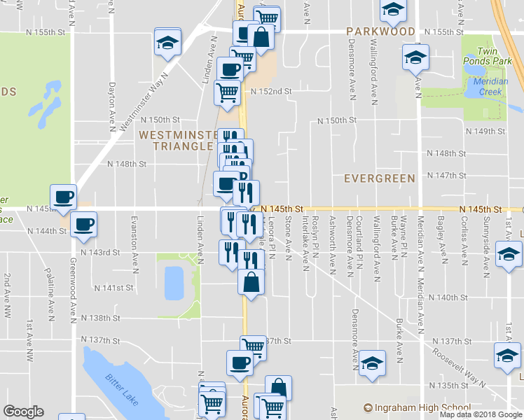 map of restaurants, bars, coffee shops, grocery stores, and more near 1199 North 145th Street in Shoreline