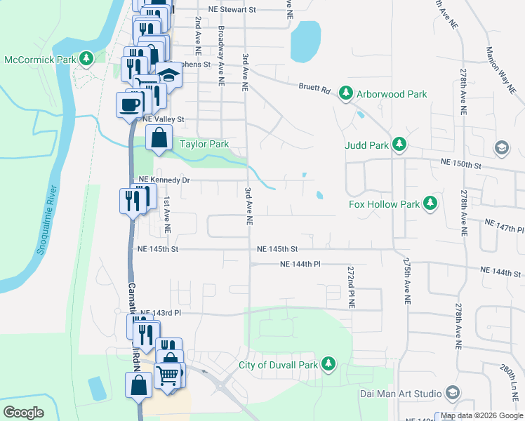 map of restaurants, bars, coffee shops, grocery stores, and more near 26818 Northeast Miller Street in Duvall