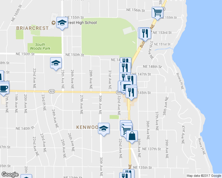 map of restaurants, bars, coffee shops, grocery stores, and more near 14522 31st Avenue Northeast in Shoreline